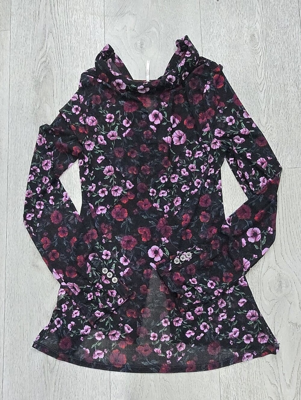 Free People Lucky Shirtee Black Bloom Floral Mesh Ruched Button Front M - Picture 12 of 14